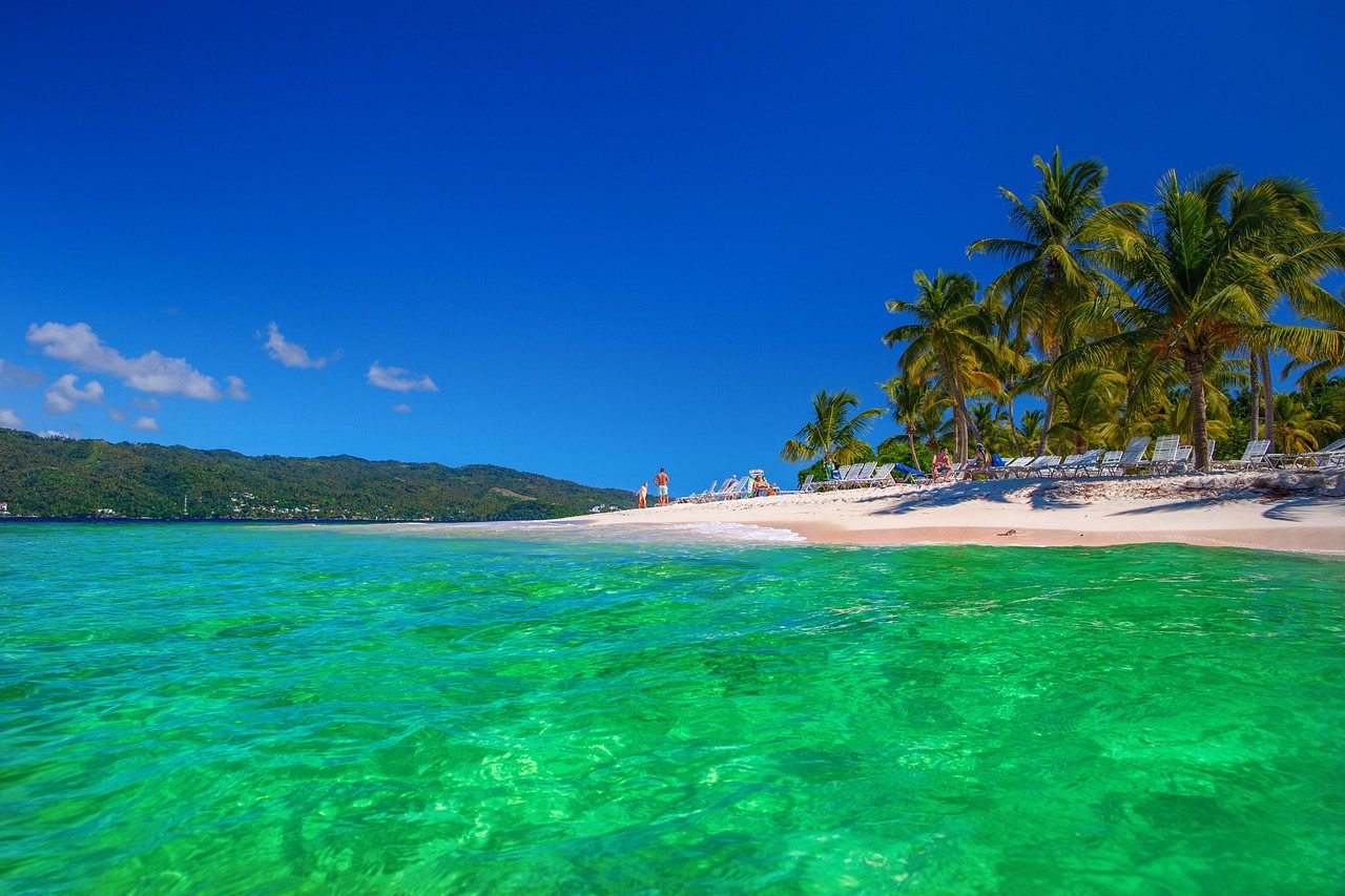 Clear green water and palm trees on a Samaná beach